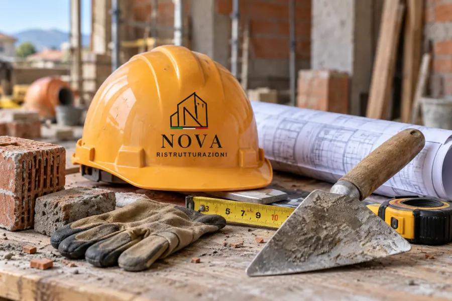 Casco giallo col logo Nova, cazzuola, metro e guanti su un tavolo di cantiere: immagine illustrativa generata con IA