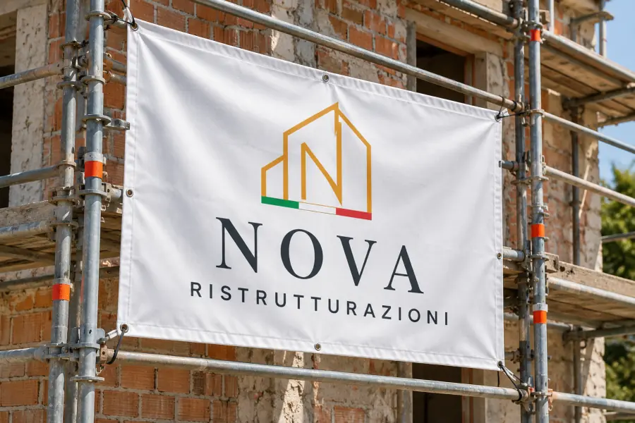 Striscione col logo Nova Ristrutturazioni su un ponteggio di cantiere: immagine illustrativa generata con IA
